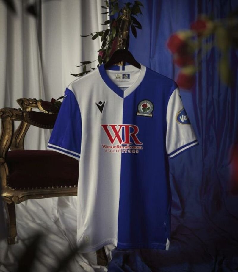 new blackburn rovers home kit in half white half blue